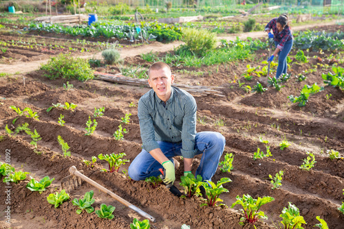 Obraz na płótnie Portrait of farmer man at garden bed with beets harvest w salonie
