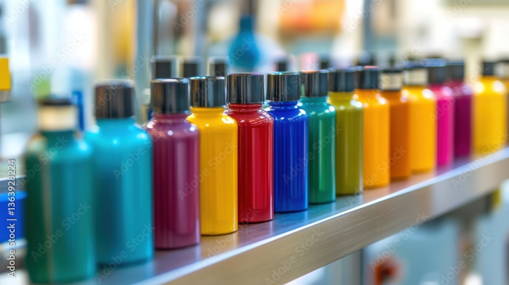 Colorful Bottles of Paints Arranged Neatly on a Shelf Colorful Bottles of Paints Arranged Neatly on a Shelf