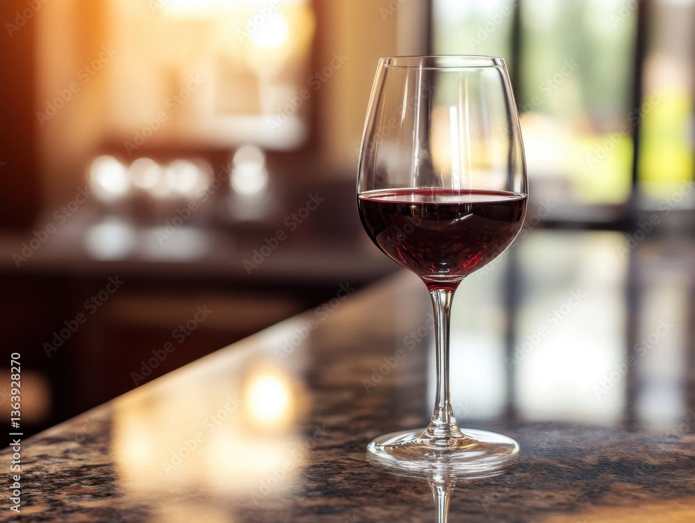 Wine glass on marble counter with soft window lighting and space for text Wine glass on marble counter with soft window lighting and space for text