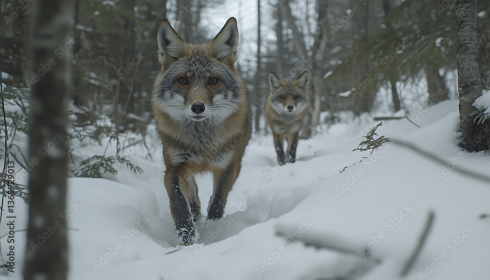 Fototapeta premium Two foxes in snowy forest