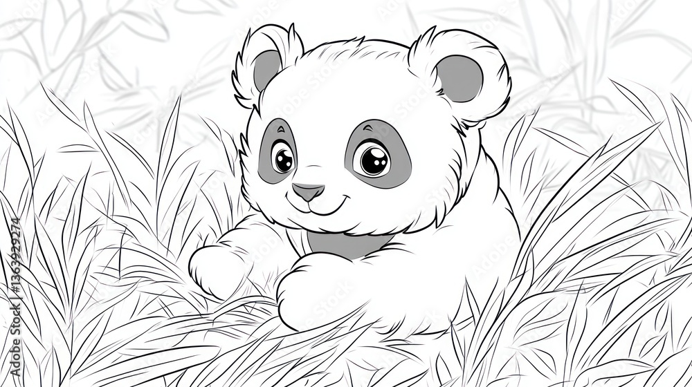 Cute panda cub in tall grass, bamboo forest background, children's book illustration Cute panda cub in tall grass, bamboo forest background, children's book illustration