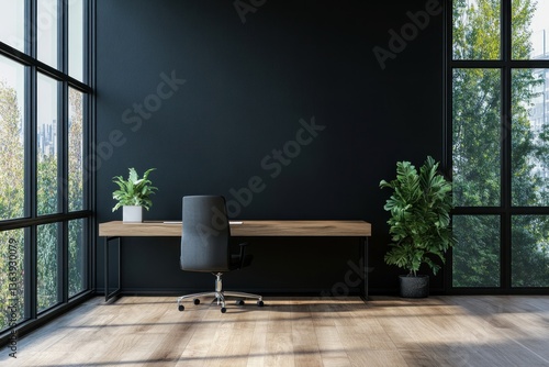 Modern minimalist home office with dark wall, wooden desk, and large windows.