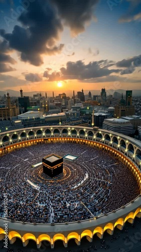 Aerial View of the Kaaba Surrounded by Pilgrims at Sunset in Mecca with Beautiful Cloudy Sky