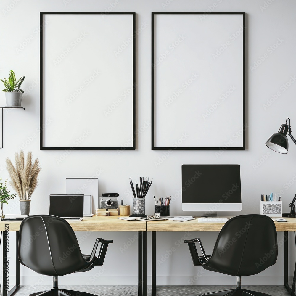 Fototapeta premium Modern minimalist home office with two desks, computers, and empty frames.
