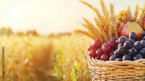 Fresh Fruit Harvest In Vineyard Field Basket Of Grapes And Apples