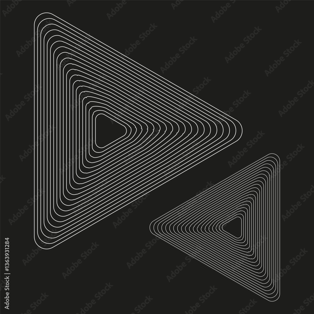 Geometric triangle icon. Concentric line effect. Black background contrast. Vector optical illusion.