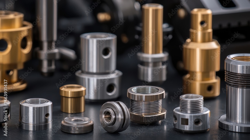 A collection of metallic components, showcasing various shapes and finishes, arranged on a dark surface, highlighting their intricate designs and industrial quality.
