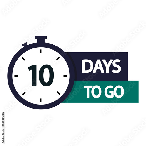 Countdown timer icon. Number ten text. Bold 10 days to go. Modern clock symbol.