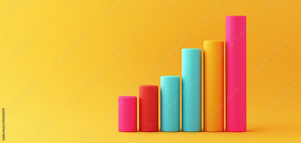 A vibrant, colorful bar graph on a yellow background, representing growth or data analysis through ascending cylindrical shapes. A vibrant, colorful bar graph on a yellow background, representing growth or data analysis through ascending cylindrical shapes.