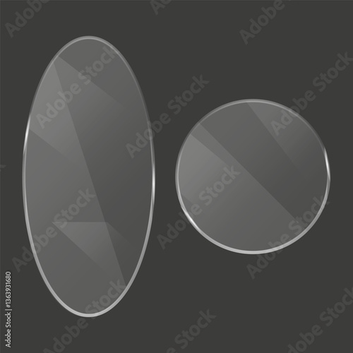 Monochromatic charcoal background. Ellipse and circle. Reflective glass surfaces. Abstract vector illustration.