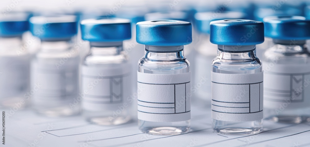 A close-up image of glass vaccine vials with blue caps, showcasing a sterile environment typical of medical or pharmaceutical settings. A close-up image of glass vaccine vials with blue caps, showcasing a sterile environment typical of medical or pharmaceutical settings.