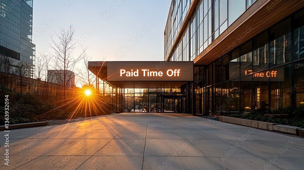 Sunset Office Building for Paid Time Off Sign. Sunset Office Building for Paid Time Off Sign.