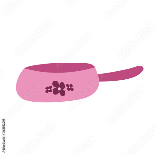 Cute purple and pink frying pan with flower motifs. Ideal for mom blogger graphics, cooking class posters, or food-related infographics. Playful flat design.