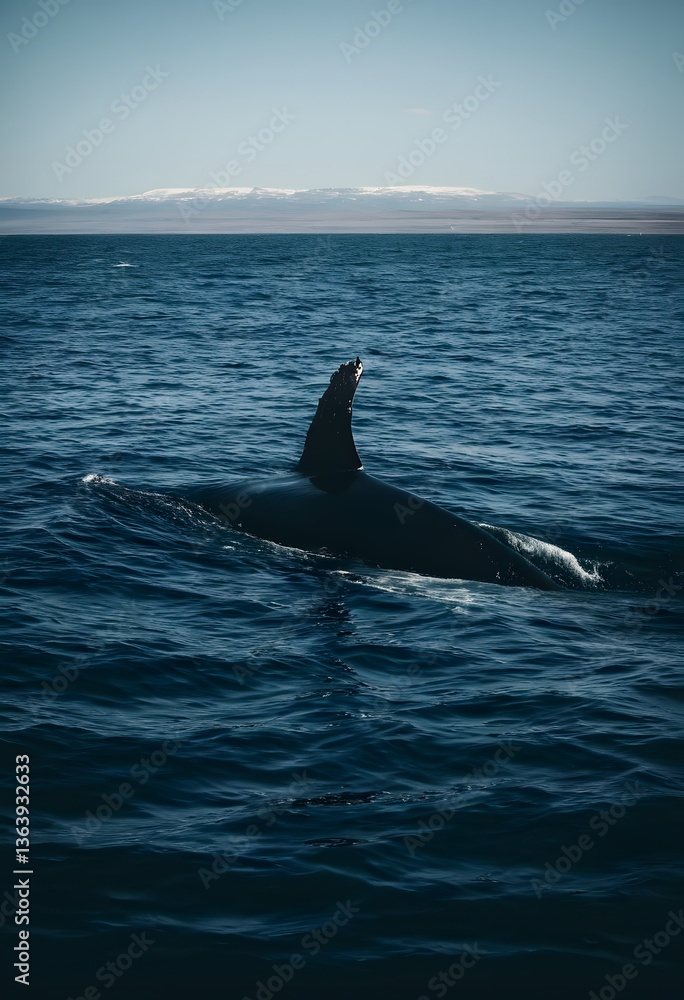 Fototapeta premium Humpback Whale Dorsal Fin and Back in Ocean with Distant Mountains
