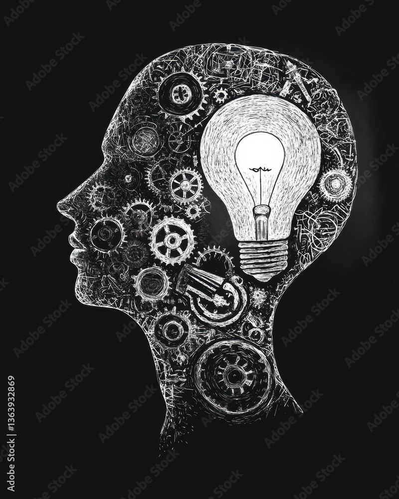 Innovative character profile with gears and lightbulb highlighting creativity and engineering in a black and white engraving style sketch