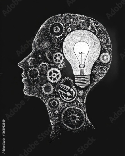 Obraz na płótnie Innovative character profile with gears and lightbulb highlighting creativity and engineering in a black and white engraving style sketch w salonie
