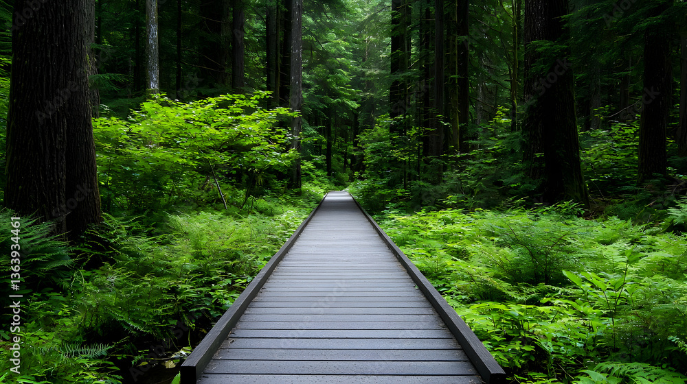 Wooden pathway through dense green forest with dappled sunlight and lush vegetation in daytime Wooden pathway through dense green forest with dappled sunlight and lush vegetation in daytime