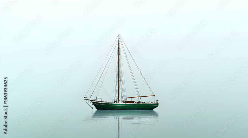 Naklejka premium Green Sailboat Floating On Calm Water With Reflection Under Pale Blue Cloudy Sky
