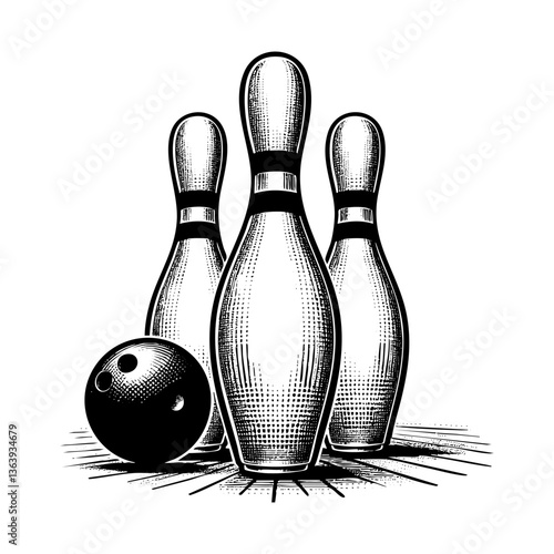 Bowling ball and pin sketch engraving black and white outline. Scratch board imitation.
