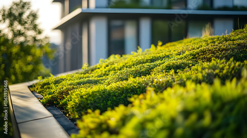 A close-up of a green roof on an urban building, featuring eco-friendly designs that benefit the environment.