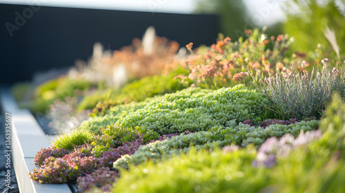 A close-up of a green roof on an urban building, featuring eco-friendly designs that benefit the environment. photo