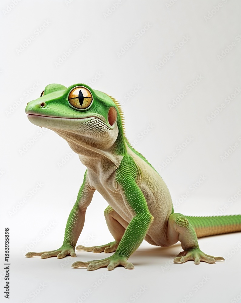 Fototapeta premium Green gecko on plain white background minimalist clean cartoon style illustration
