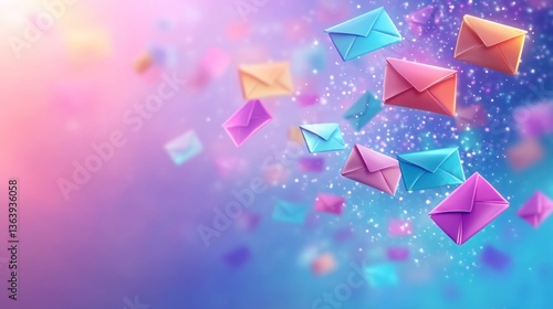 Colorful Envelopes Floating in Air, Digital Illustration, Abstract Background, Ideal for E-Mail Concept