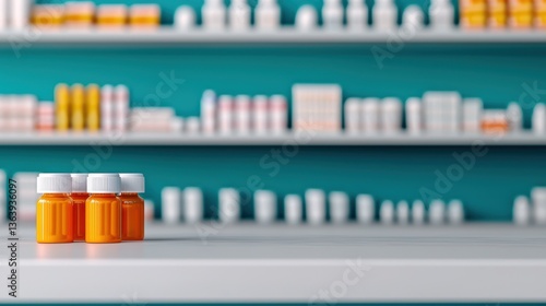 Three orange prescription bottles stand in the foreground, with a blurred background of various medication containers on a teal shelf.