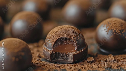 Dark chocolate truffle with velvety cocoa powder coating, creamy chocolate ganache center inside