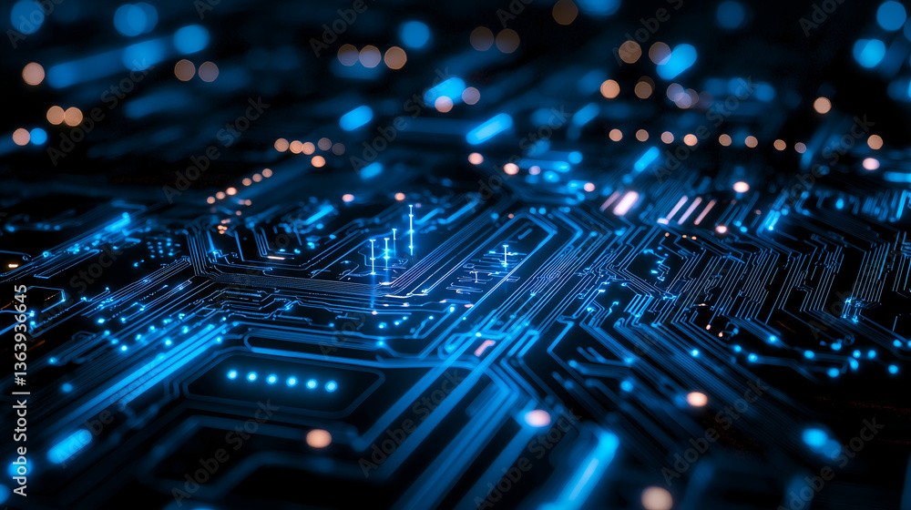 Futuristic Digital Circuit Board: Blue Glowing Light Patterns in Technology Background for High-Tech Innovations Futuristic Digital Circuit Board: Blue Glowing Light Patterns in Technology Background for High-Tech Innovations