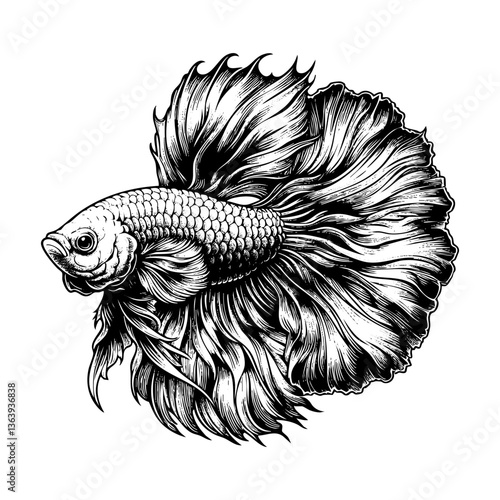 Betta fish sketch engraving black and white outline. Scratch board imitation.  illustrated in vintage line art style on a white background.
