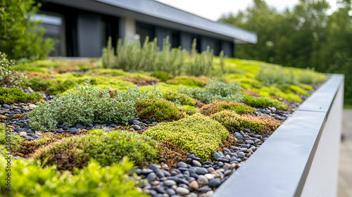 A close-up of a green roof on an urban building, featuring eco-friendly designs that benefit the environment.