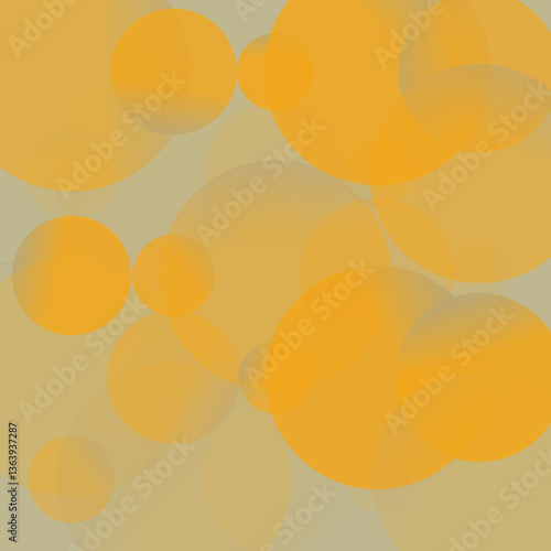 Abstract golden yellow circles floating on a light brown background, modern graphic design, soft gradients