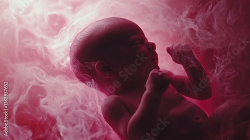 Newborn Baby Suspended in Ethereal Smoke with Soft Pink Lighting Creating a Serene Atmosphere