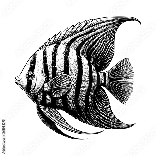 Angelfish sketch engraving black and white outline. Scratch board imitation.  illustrated in vintage line art style on a white background.
