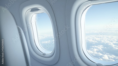 Realistic aircraft, 3d plane windows. Insight air flight object, airplane porthole in travel cabin interior, jet sky airline. Illuminator open and closed. White fuselage. Vector glass plastic design