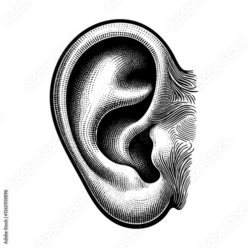 Ear anatomy sketch engraving black and white outline. Scratch board imitation. illustrated in vintage line art style on a white background.