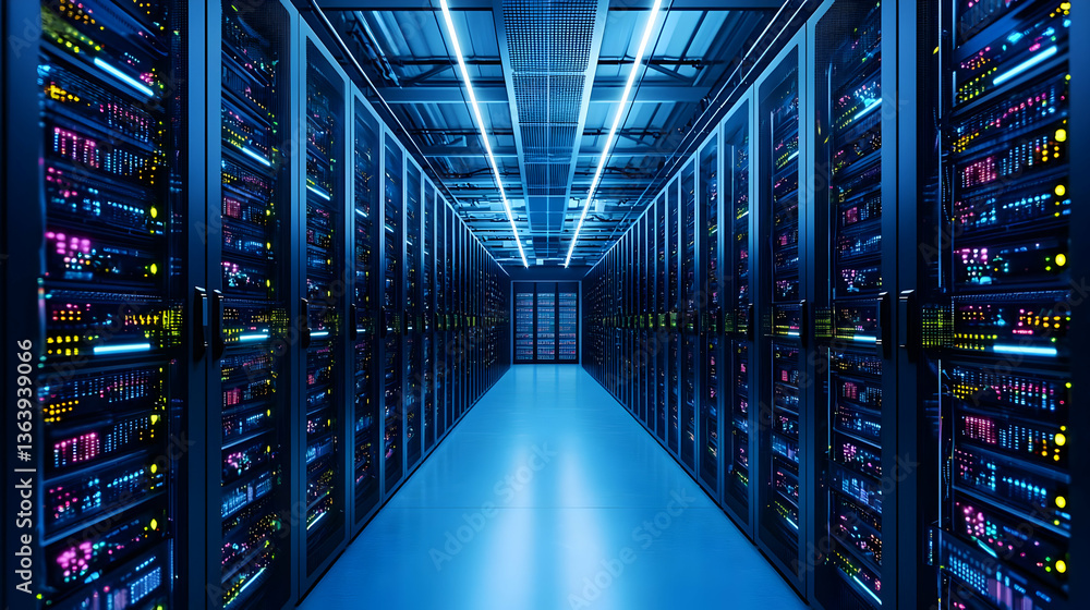 Fototapeta premium Blue Lit Server Room Interior Showing Rows Of Data Racks With Modern Technology And Digital Data Storage