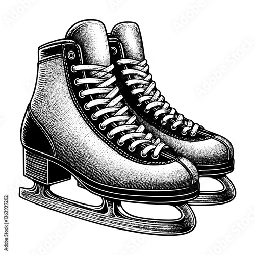 Ice skating shoe engraving black and white outline. Scratch board imitation.  illustrated in vintage line art style on a white background.
