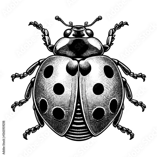 Ladybug sketch engraving black and white outline. Scratch board imitation.  illustrated in vintage line art style on a white background.