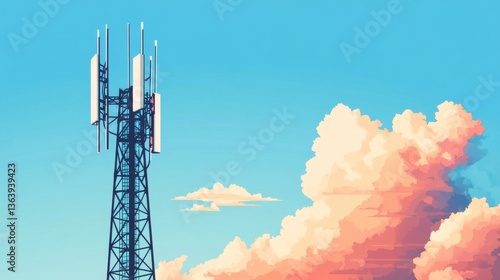 5g tower base station. Cell telecommunication antenna, broadband internet, mobile wifi cellular mast. Network communication, banner with copy space. Vector illustration background
