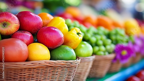 Fototapeta Naklejka Na Ścianę i Meble -  Colorful fruits and vegetables in wicker baskets at a market.