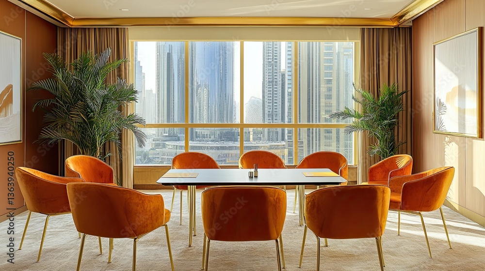 Obraz premium Elegant conference room with designer furniture and golden accents, panoramic windows overlooking a metropolis, perfect for luxury business presentations 