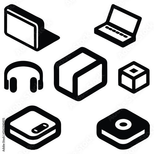 Electronic Gadgets Vector Icons: Laptop, Headphones, Cubes, and More for Tech Designs
