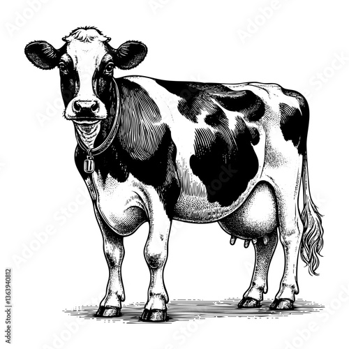 Dairy cow sketch engraving black and white outline. Scratch board imitation.  illustrated in vintage line art style on a white background.