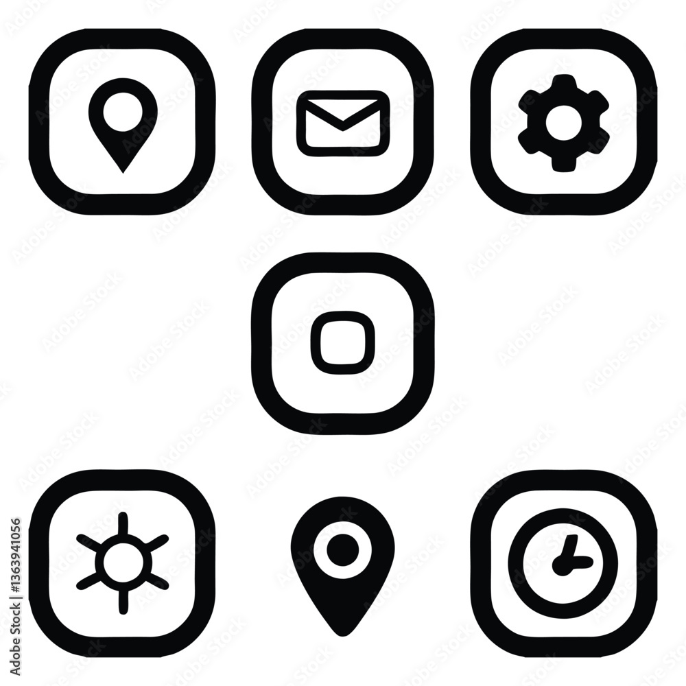 Minimal Black Mobile App Icons – Location, Settings, Clock, Mail, UI Elements for Modern Interfaces Minimal Black Mobile App Icons – Location, Settings, Clock, Mail, UI Elements for Modern Interfaces