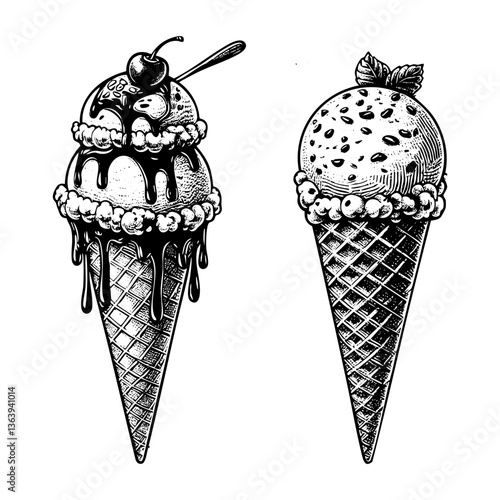 Ice cream cone sketch engraving black and white outline. Scratch board imitation.  illustrated in vintage line art style on a white background.