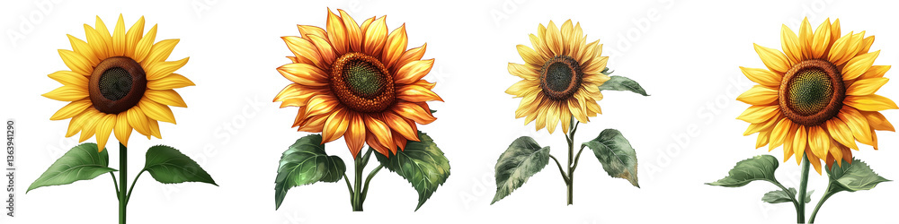 Fototapeta premium Collection of four vibrant sunflowers with lush green leaves isolated on Transparent Background