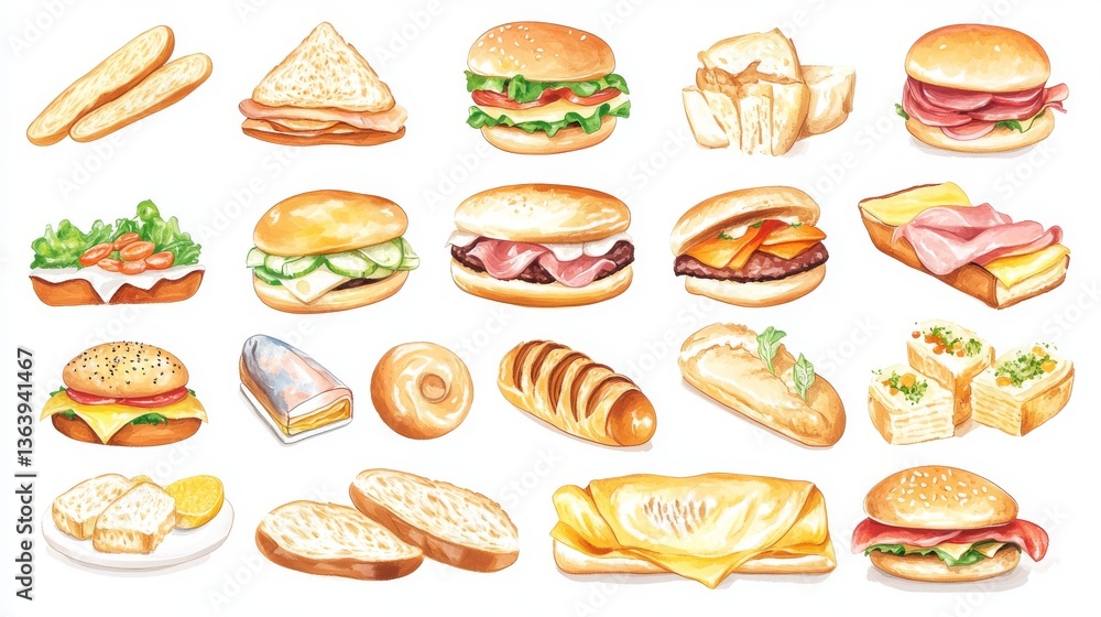 Baguette sandwich. Hamburger with sauce cheese, burger, bagel with fish or chicken, ham and salmon, different bread. Food restaurant menu, graphic breakfast illustration. Vector cartoon garish set Baguette sandwich. Hamburger with sauce cheese, burger, bagel with fish or chicken, ham and salmon, different bread. Food restaurant menu, graphic breakfast illustration. Vector cartoon garish set