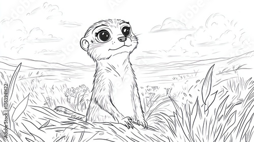 Cute meerkat pup gazing at sunrise, savanna grasslands.  Kids' book illustration photo